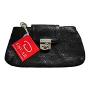 Vintage Oscar de la Renta Black Leather Clutch Silver Clasp Zipper