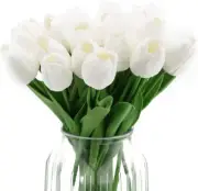 24PCS White Tulips Artificial Flowers Real Touch Tulips Flowers White Fake