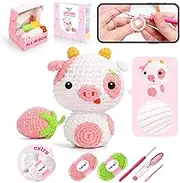 Mewaii Crochet Kit for Beginners, Complete DIY Crochet Kit Animals with Pre-Started Tape Yarn Step-by-Step Video Tutorials for Adults and Kids (Strawberry Cow),MEDO000CRO477F0-A