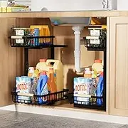 Under Sink Organizer and Storage,2 Pack Kitchen Organizers and Storage 2 Tier Sliding l-Shape Adjustable heightCabinet Organizers Meatal,Under Bathroom Sink Organizer with Anti Slip Wooden Handle