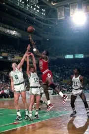 Michael Jordan Chicago Bulls shoots over Jerry Sichting and Scott - Old Photo
