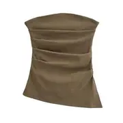Plain Ruched Slit Tube Top Army Green - S