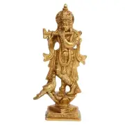 Brass Krishna Bhagwan Idol Murli Kishan Murti Standing Playing Flute 6''