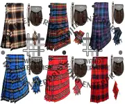 8 Yard Scottish Traditional Tartan KILT For Men - BROWN LEATHER SPORRAN- FLASHES