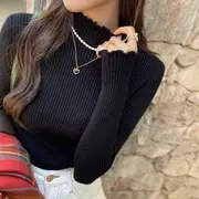 Long-Sleeve Mock Neck Plain Lettuce Edge Ribbed Knit Top Black - One Size