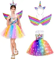 QPCOS Girls Light-up Unicorn Tutu Dress Halloween Costume Princess Dress for Birthday Party