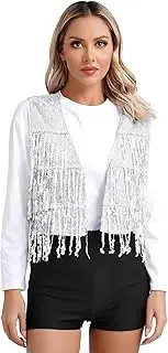 [FEESHOW] Women Sequin Tassel Vest Glitter Sleeveless Fringed Vest Open Front Gilet Dance Jacket Carnival Outerwear