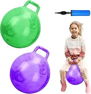 2 Pcs 18 Inch Hopper Ball Jumping Hopping Ball Bouncing Ball with Air Pump Bouncy Ball with Handle Jumping Ball for Kids Exercise Ball for Boys Girls Gifts Games(Marbled Green, Marbled Purple,18 Inch)