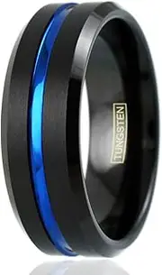 [King's Cross] Stunning 6mm/8mm Black Tungsten Wedding Band w/Cool Thin Blue Line & Beveled Edges.