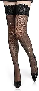 [sunshinelady] Hold-Up Fishnet Stockings with Lace Women's Stockings Thigh Fishnet Stockings Nylon Stockings with Lace Top Rhinestone Fishnet Tights Non-Slip Large Sizes XS - 5XL