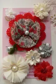 RED Floral Lace GREY IVORY SILVER Mix Fabric 8 Flower Pack 25-90mm Manor House