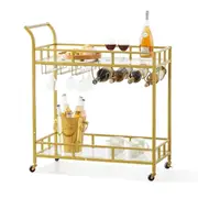 2 Tiers Gold Metal Bar Serving Cart with Wine Rack Glass Holder 120 LBS