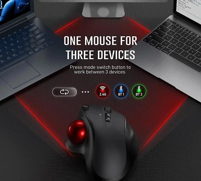 Wireless Trackball Rechargeable 2.4G Bluetooth Mouse w/ 3 Adjustable DPI Levels