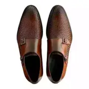 Handmade Woven Brown Leather Double Buckle Monk Strap Dress Formal Shoes For Men