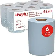 WYPALL® L10 Service & Retail Wiping Paper (6220), 1 Ply Centrefeed Reinforced Blue Wipers, 6 Centrefeed Rolls/Case, 280 Paper Wipers/Roll (1,680 Wipers)