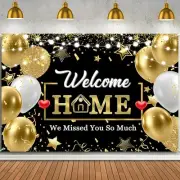 Welcome 6X4ft (70.8"Wx 47"H), Black Gold Home Banner Sign