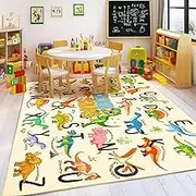 Bolacrom Kids Rugs for Playroom, 4x5 ft Educational Rug for Learn The ABC Alphabet, Soft Machine Washable Non-Slip Cute Dinosaur Carpet for Classroom Toddler Nursery Kids Room Decor Mat, Beige