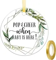 Baby Shower Mini Champagne Bottle Favor Tags, Pop and Cheer When Baby is Here Tags, Greenery Champagne Baby Shower Favor Tags, 2 Inches, 50 Count with Golden Ribbon