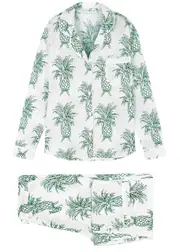Desmond & Dempsey Howie Printed Cotton Pyjama set - White And Green XL (UK 16 / XL)