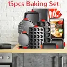 15PC Nonstick Carbon Steel Bakeware Set Cookie Sheets Pans Silicone Handle Black