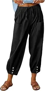 [OULIWANGLUO] Women's High Waist Drawstring Capri Pants Loose Cotton Linen Harem Pants with Button Hem Summer Casual Trouser with Pockets