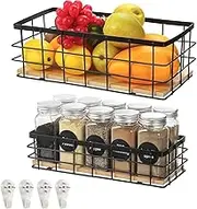 2 Pack Small Wire Baskets, Metal Wire Organizer Basket Bin, Narrow Storage Bin for Bathroom Counter, Farmhouse Organizing Container Caddy with Hooks, Rustic Home Storage Organizer with Wooden Bottom