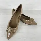 Tory Burch Size 8.5 GEORGIA Pointed Toe Flats Almond Flour Beige Patent Leather
