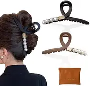 2 Pack Large Pearl Hair Claw Clips for Women - Strong Hold, Nonslip, Jumbo Hair Accessories for Thick, Thin, Curly Hair - Black and Brown Hair Clips with Storage Bag