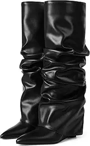 [Oiamenne] Women's Fold Over Boots Slouched Ruched Knee High Boots for Women Wedge Heel Pointed Toe Tall Boot Wide Calf Pull-on Casual Boots