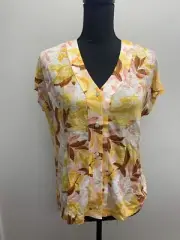 Tahari Yellow Brown Multi Leaf Button Down Short Sleeve Linen T-shirt Top S NEW
