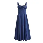 Sleeveless Square Neck Plain Midi A-Line Dress Blue - L