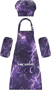 miaozhen kids Apron Chef Hat Set Creative Lightening Purple Nature for Children 3-12 Years Old
