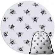 Black and White Bee Pattern Round Beach Towel