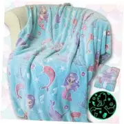 Mermaid Narwhal Throw Blanket: Glow in The Dark, Cozy, Soft, Warm, Fleece Teal