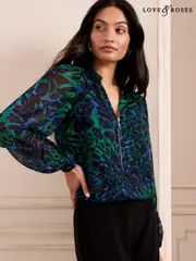 Love & Roses Green Animal Print Zip Front Mix Sheer Long Sleeve Length Blouse (AL2725) | $58