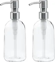 Gel Hand Soap Dispenser (13.5 Oz) 2 x Refillable Glass Bottles with Stainless Steel Pump, Reusable Liquid Soap Refill Set, Square Base, Reduce Plastic Waste Bundle