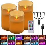 3 Amber Glass Cup LED Candle Lights Real Wax Warm White Light,ALED LIGHT Rechargeable Candles with Timer Remote,USB Charging Flameless Night Light Candle,for Wedding,Church,Celebration,Home Decor