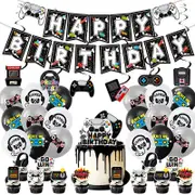 Video Game Theme Birthday Party Decorating Set - Party Banner Laxtex Balloons Cake Cupcake Toppers Swirls