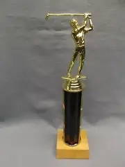 male golf trophy ruby column natural finish solid wood base