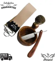 Straight Razor Cut Throat+ Canvas Strop + Vintage Wooden Box + Brush Shaving Kit