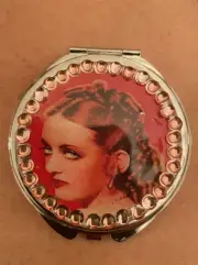 Retro Red Bette Davis Jezebel Small Silver Round Mirror W/ Crystals Compact