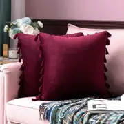 Pack of 2 Velvet Soft Solid Decorative Throw Pillows with Tassels Fringe Boho Accent Cushion for Couch Sofa Bed, Burgundy