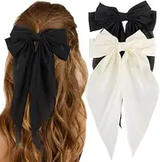ATODEN Silky Satin Hair Bows 2Pcs Big Hair Bows for Women Hair Ribbons Oversized Long Tail White Hair Bow Black Hair Bow Large Hair Ribbon Barrettes Metal Clips Bowknot Aesthetic Hair Accessories