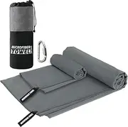 Microfiber Travel & Sports Towel Set - Quick Dry, Super Absorbent, Compact, Lightweight - for Camping, Backpacking, Hiking, Beach, Yoga, Swimming - Includes 2 Sizes + Carrying Bag & Clip (Set (30”x60” & 16”x32”), Gray)