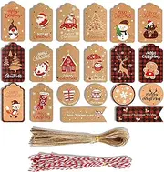 PQCLXUYA 100 PCS Gift Tags Christmas,Kraft Gift Tags, Quality Craft Labels with Rope for Personalizing Your Holiday Presents for Xmas DIY Party Favor Decor, 20 Design (Kraft Paper)