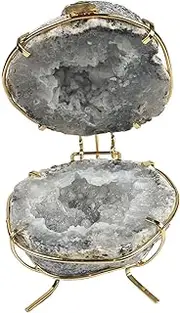 LWQCHW Natural Geode Agate Jewelry Box with Gold Plated Metal Stand - Unique Gemstone Storage Box for Rings and Small Accessories (Gold)