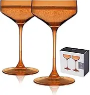 Viski Reserve Nouveau Amber Cocktail Crystal Coupe Colorful Martini Glasses-6.5oz Long Stem Glassware Set Set of 2, Orange