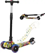 Bopeep 3 Wheeled Scooter for Kids, 3 Wheels Foldable Kick Scooter with Flashing LED Lights for Boys Girls, Lean to Steer，3 Levels Height Adjustable Scooter, 3-6 Years Old, Toddler Scooter Music