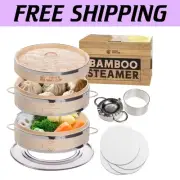 10-Inch 2-Tier Bamboo Steamer Set with Heatproof Handles for Healthy Cooking