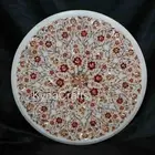Round White Marble Coffee Table Top Shiny Gemstone Inlay Work Lawn Side Table